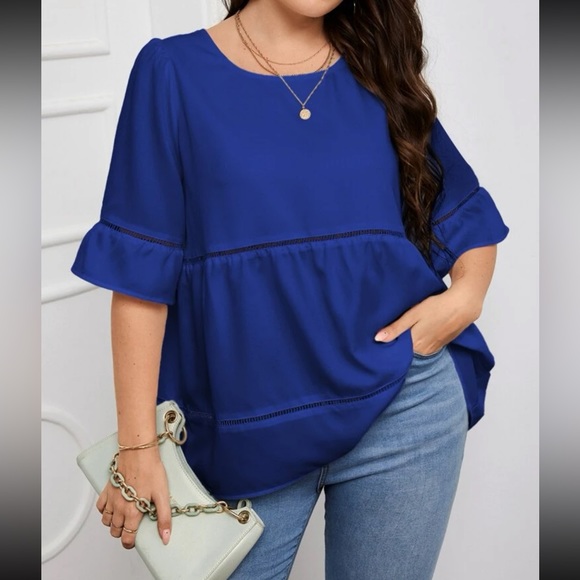 Boho blue ruffle sleeves blouse - Picture 1 of 5